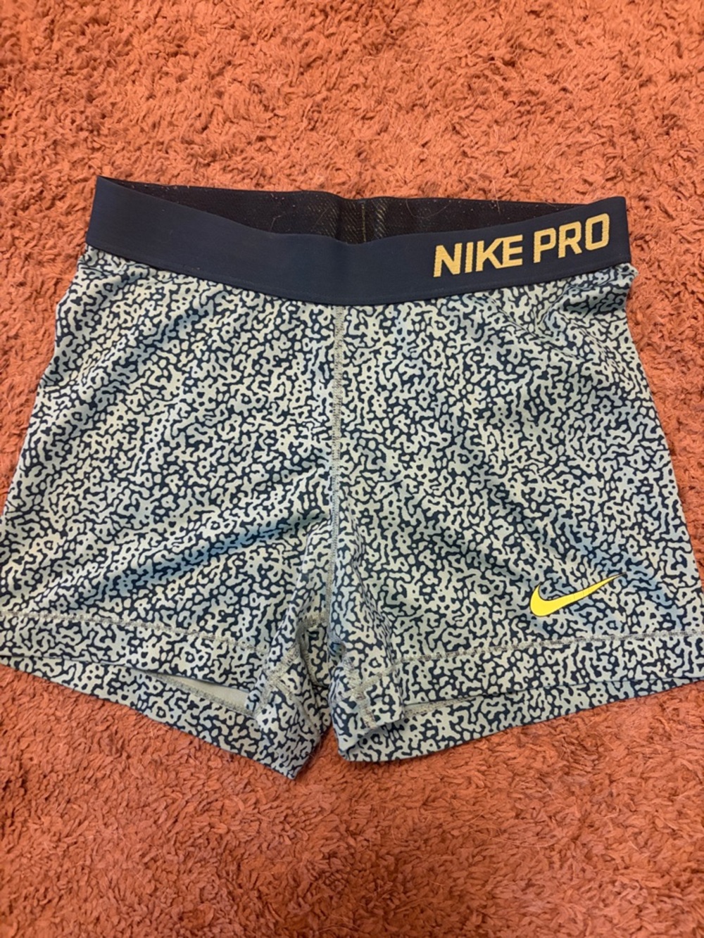 Nike Pro Blue Patterned Performance Shorts with Yellow Swoosh
